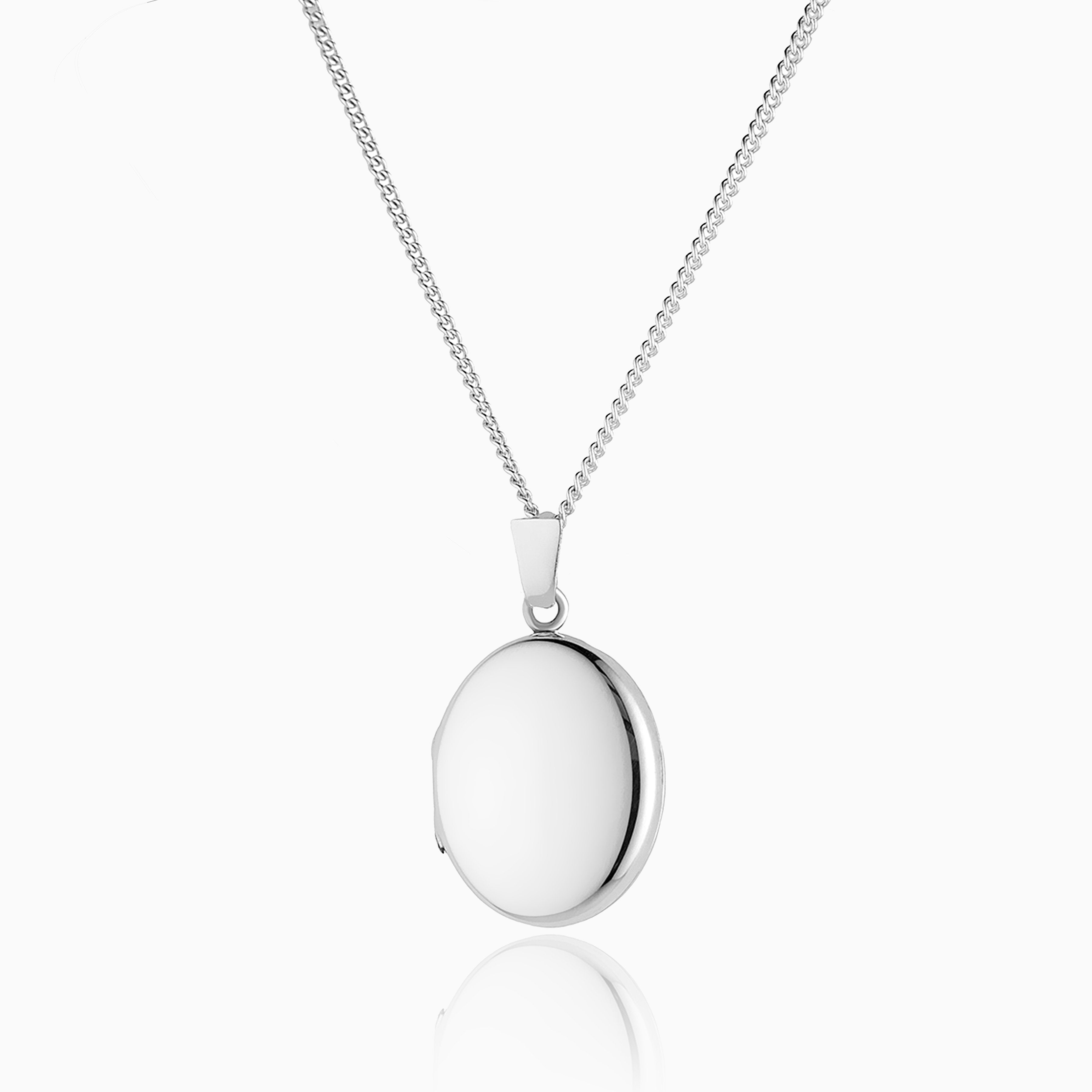 This is the front shot of a 925 sterling silver plain polished oval locket.
