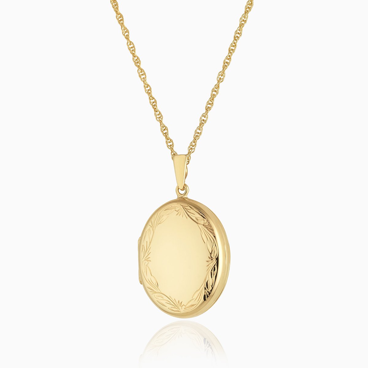 9 ct gold oval 4-photo locket with an engraved border on a 9 ct gold rope chain