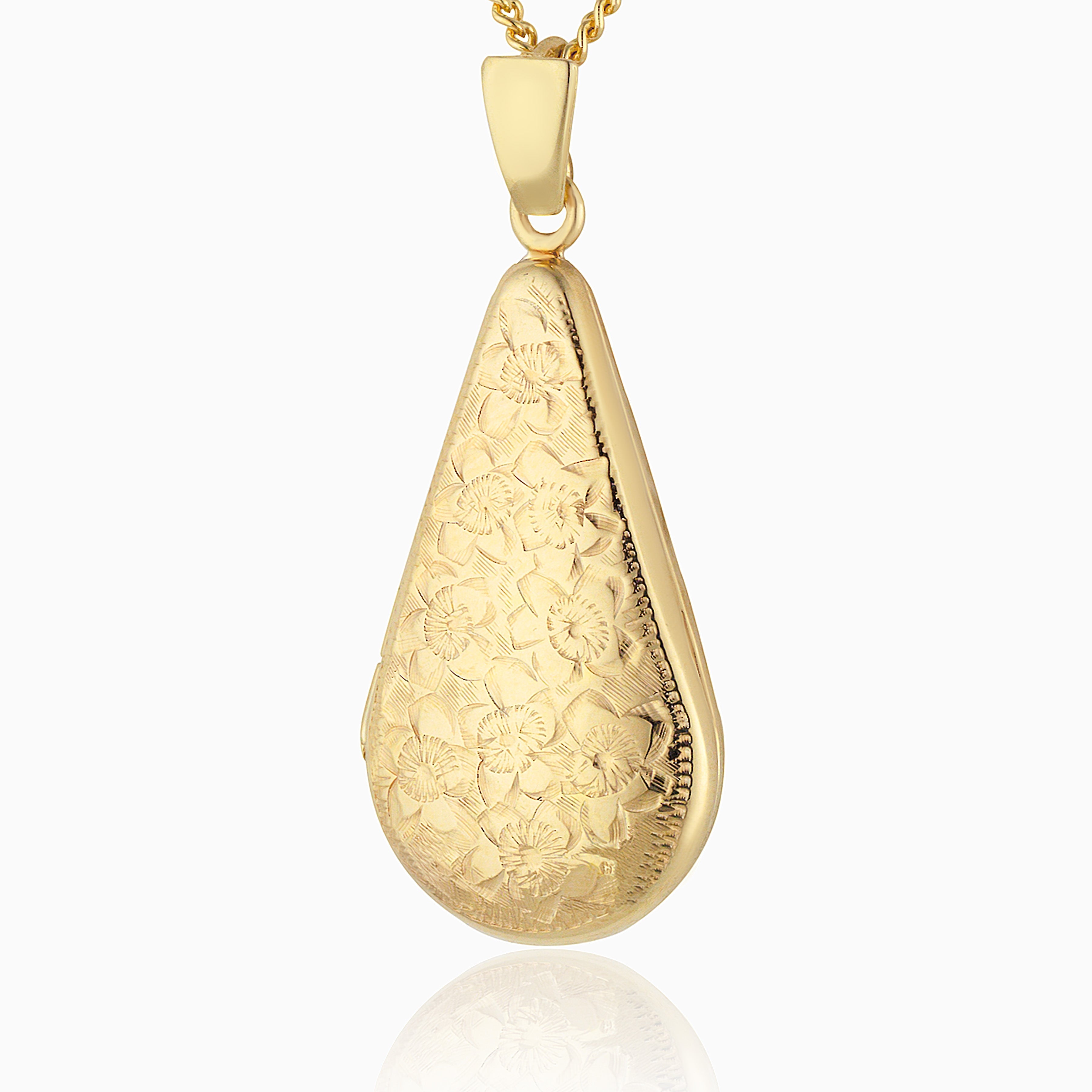 Front shot of a 9 ct gold floral slim locket set with a 9 ct gold curb chain.