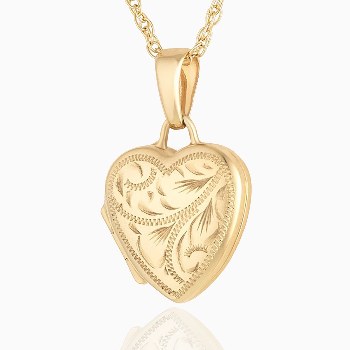 9 ct gold heart shaped locket with all over engraving on a 9 ct gold rope chain