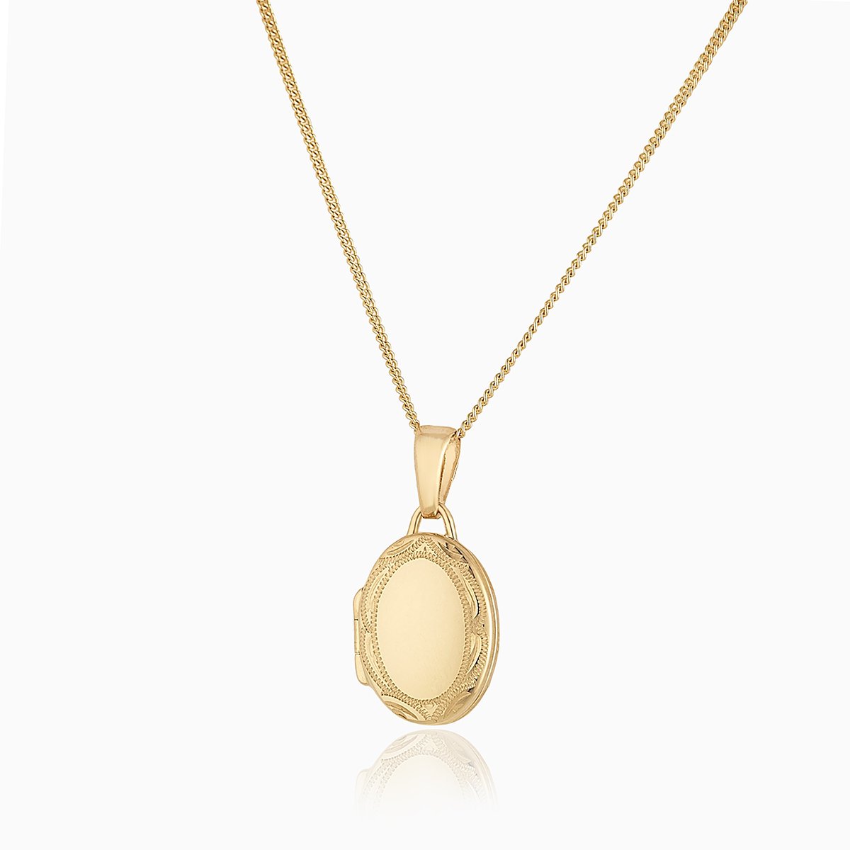 9 ct gold oval locket with an engraved border on a 9 ct gold curb chain