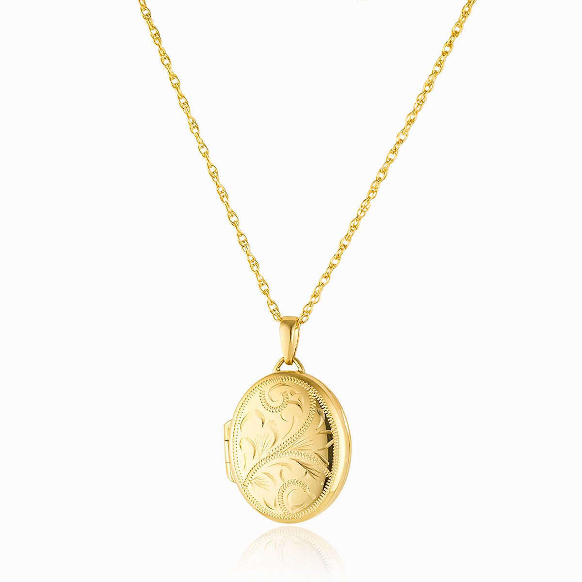 A front shot of a 9 ct medium oval gold locket with a classic engraved border, set with a 9 ct gold rope chain.