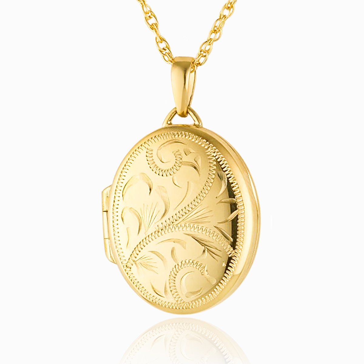 A front shot of a 9 ct medium oval gold locket with a classic engraved border, set with a 9 ct gold rope chain.