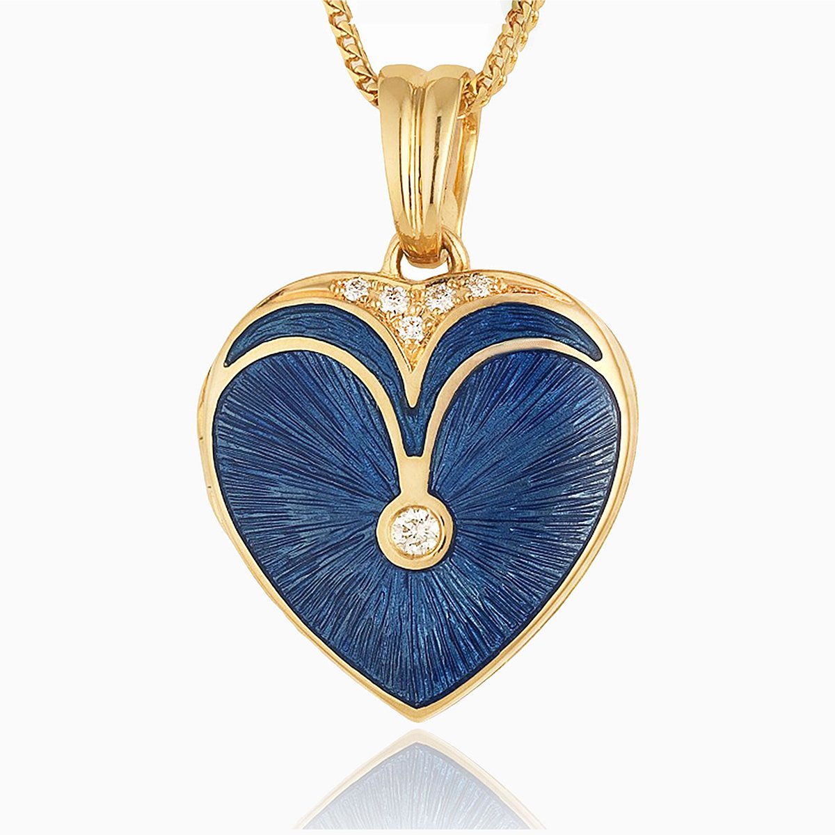 18 ct gold heart locket set with blue guilloche enamel and diamonds on an 18 ct gold franco chain
