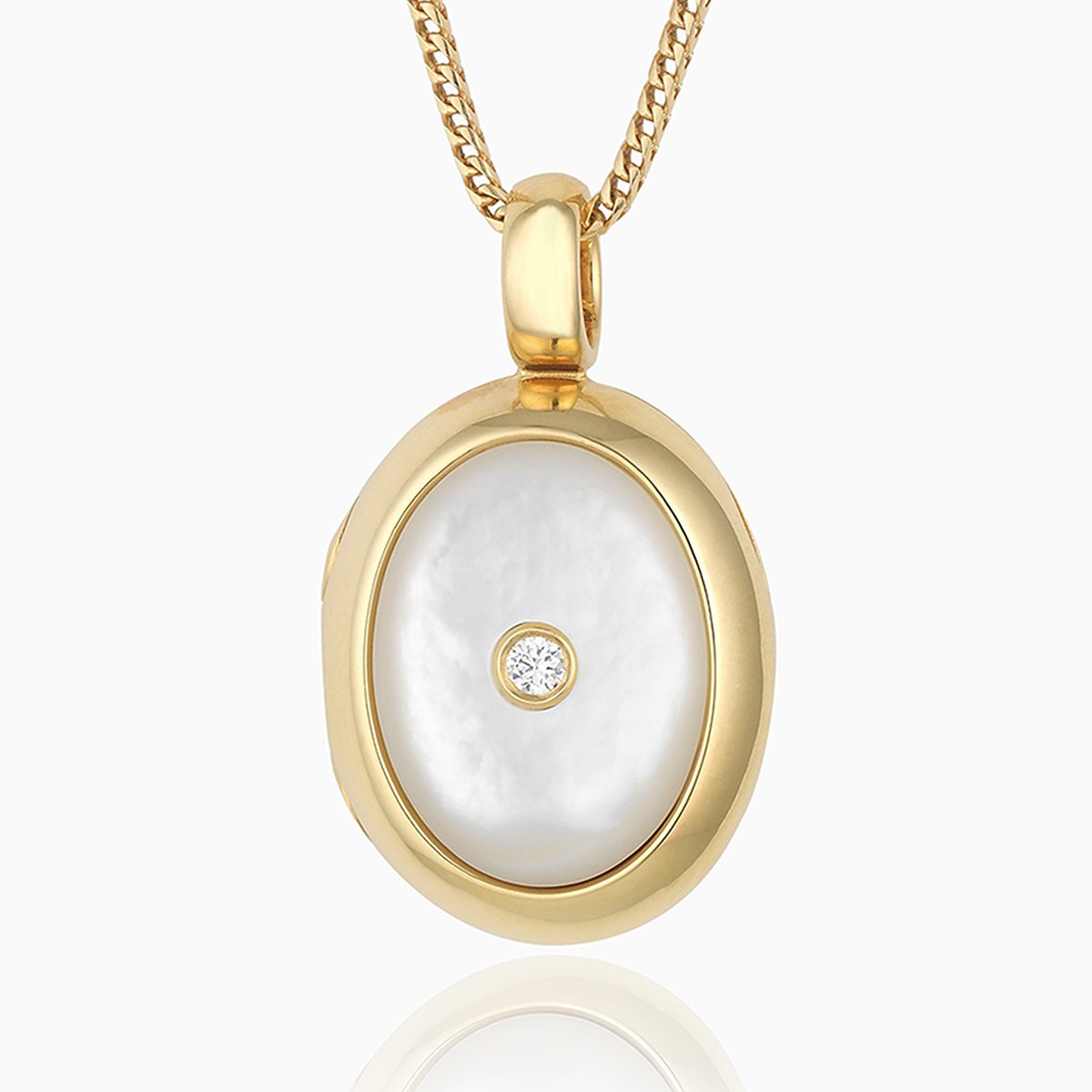 18 ct gold oval locket set with mother of pearl and a central diamiond, on an 18 ct gold franco chain