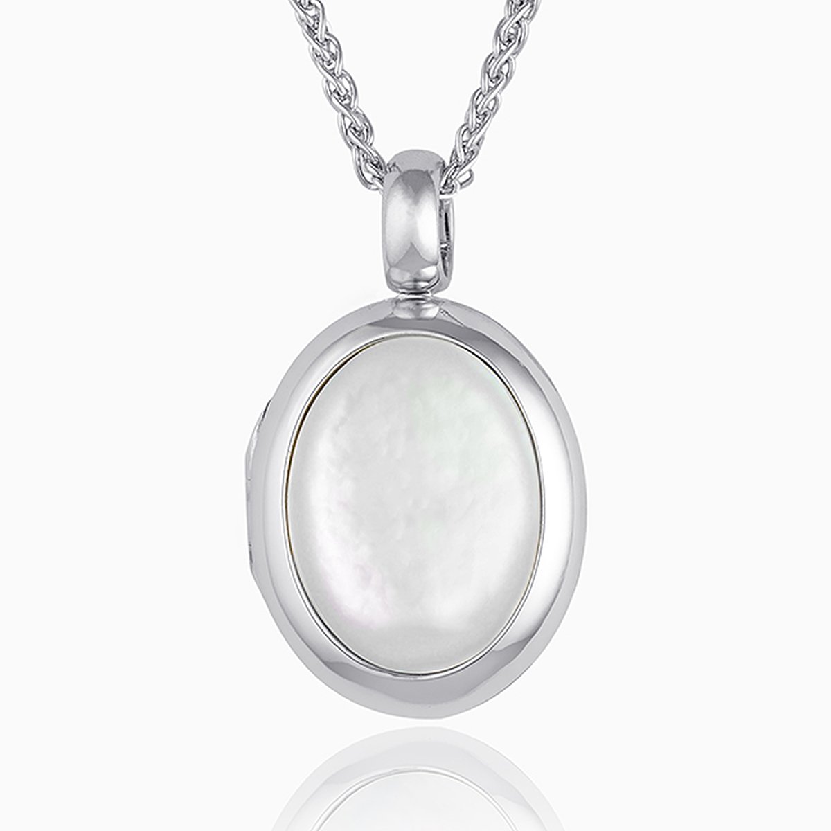18 ct white gold oval locket set with mother of pearl, on an 18 ct white gold spiga chain