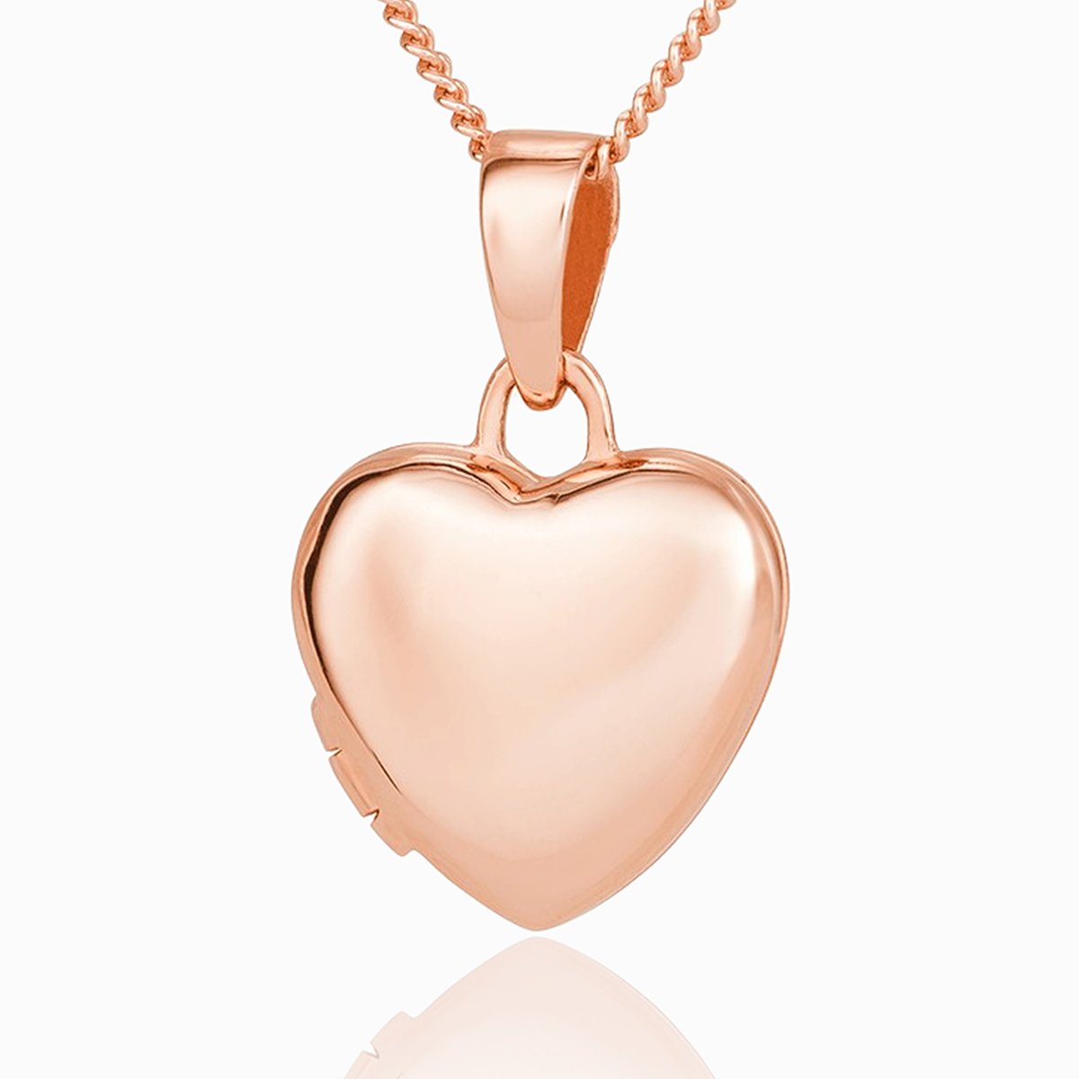 Front shot of a petite 9 ct rose gold heart locket on a 9 ct rose gold curb chain.