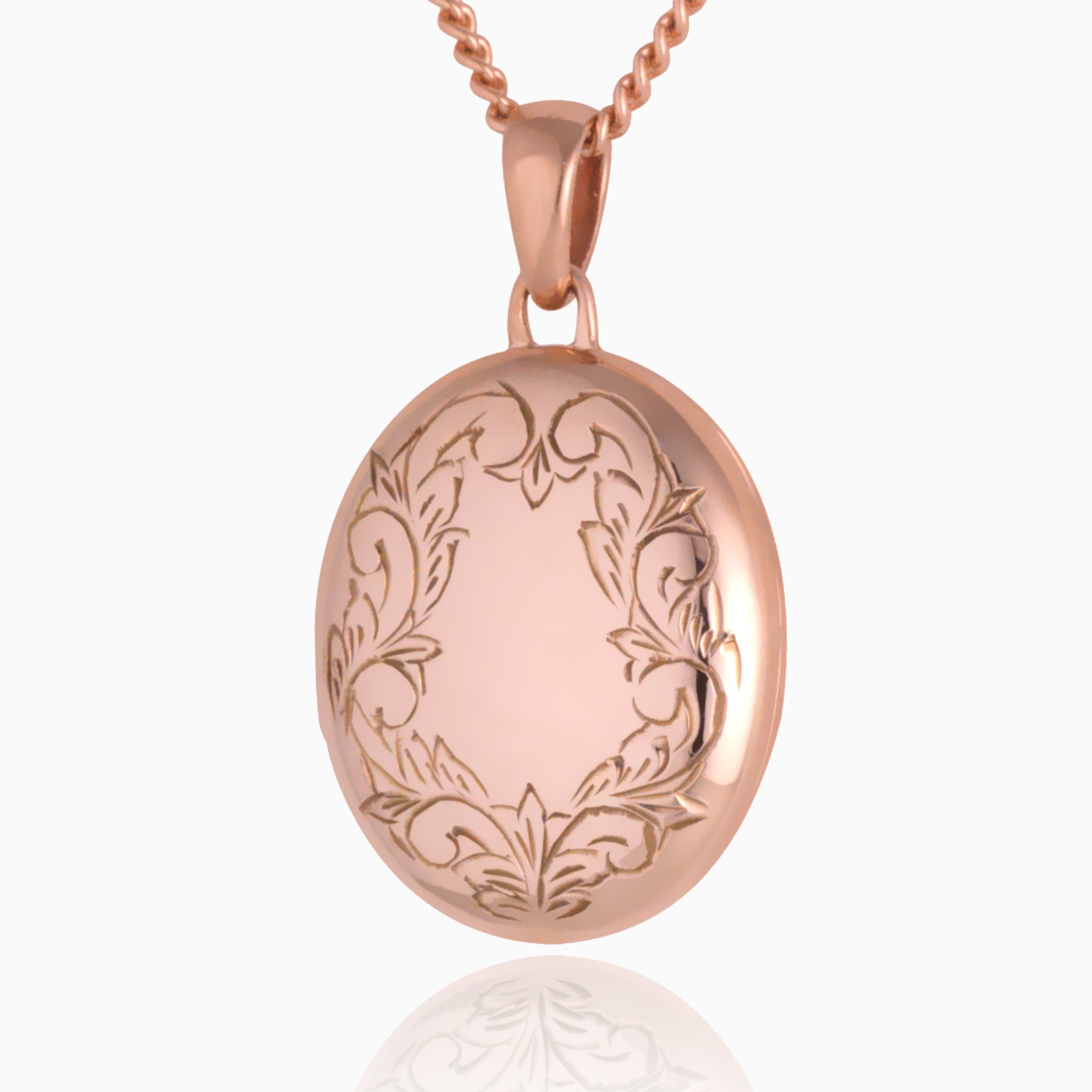 Front shot of a premium 9 ct rose gold foliate border locket set on matching 9 ct rose gold curb chain.