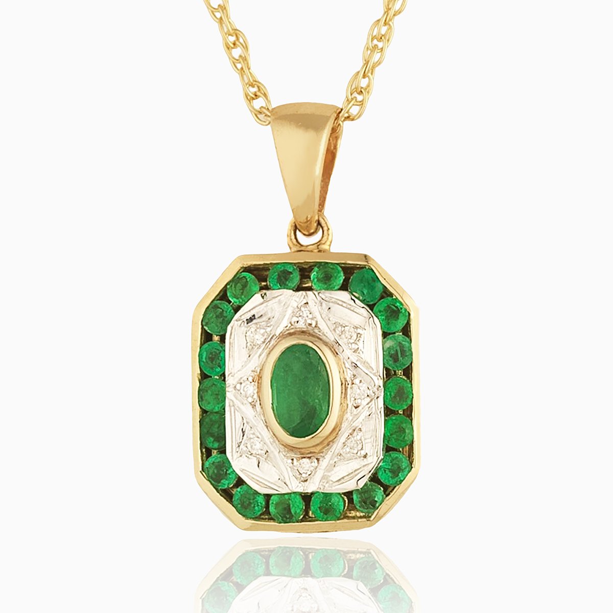 Tabular shaped 9 ct gold locket set with emeralds and diamonds , on a 9 ct gold rope chain