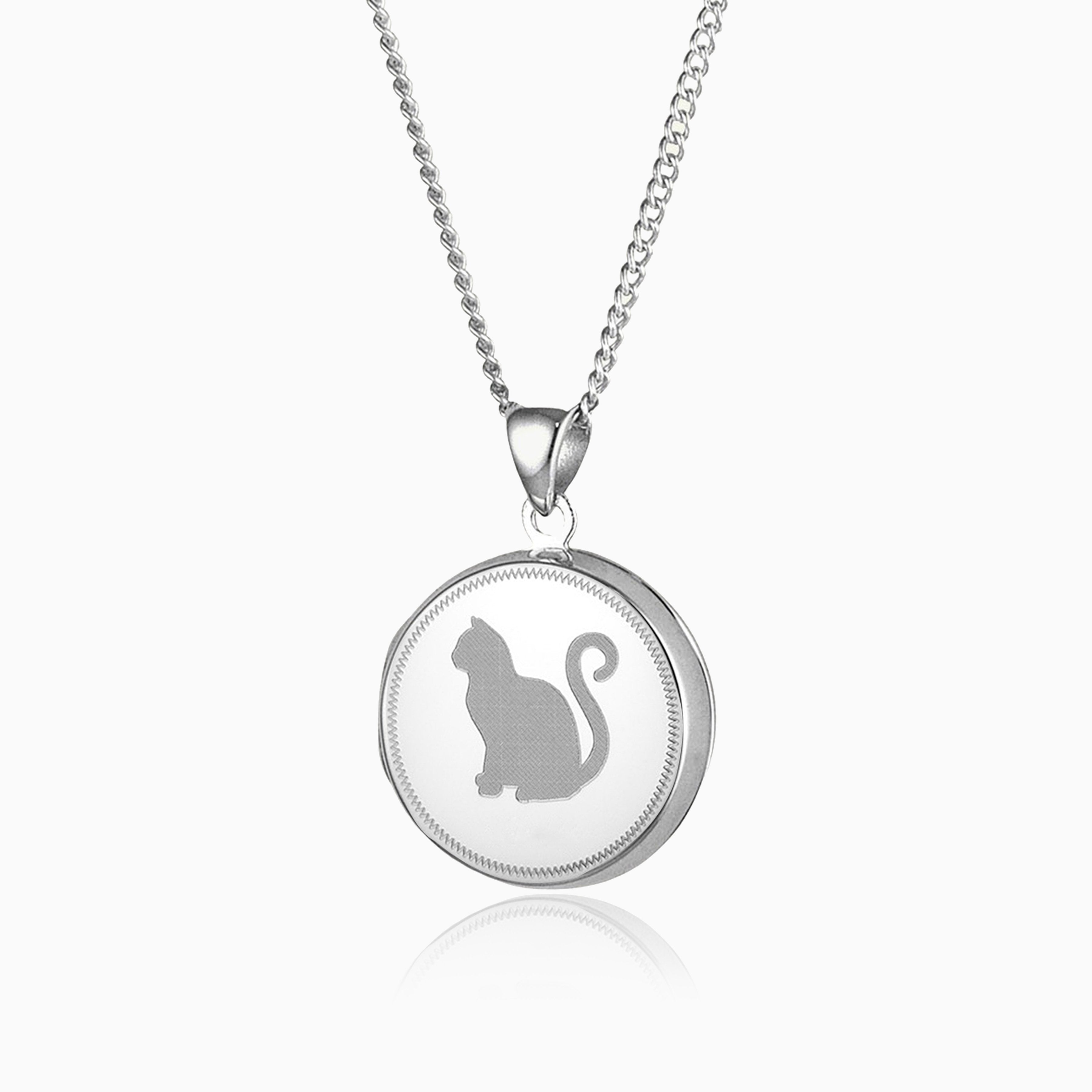 sterling silver round locket with an engraved cat on the front