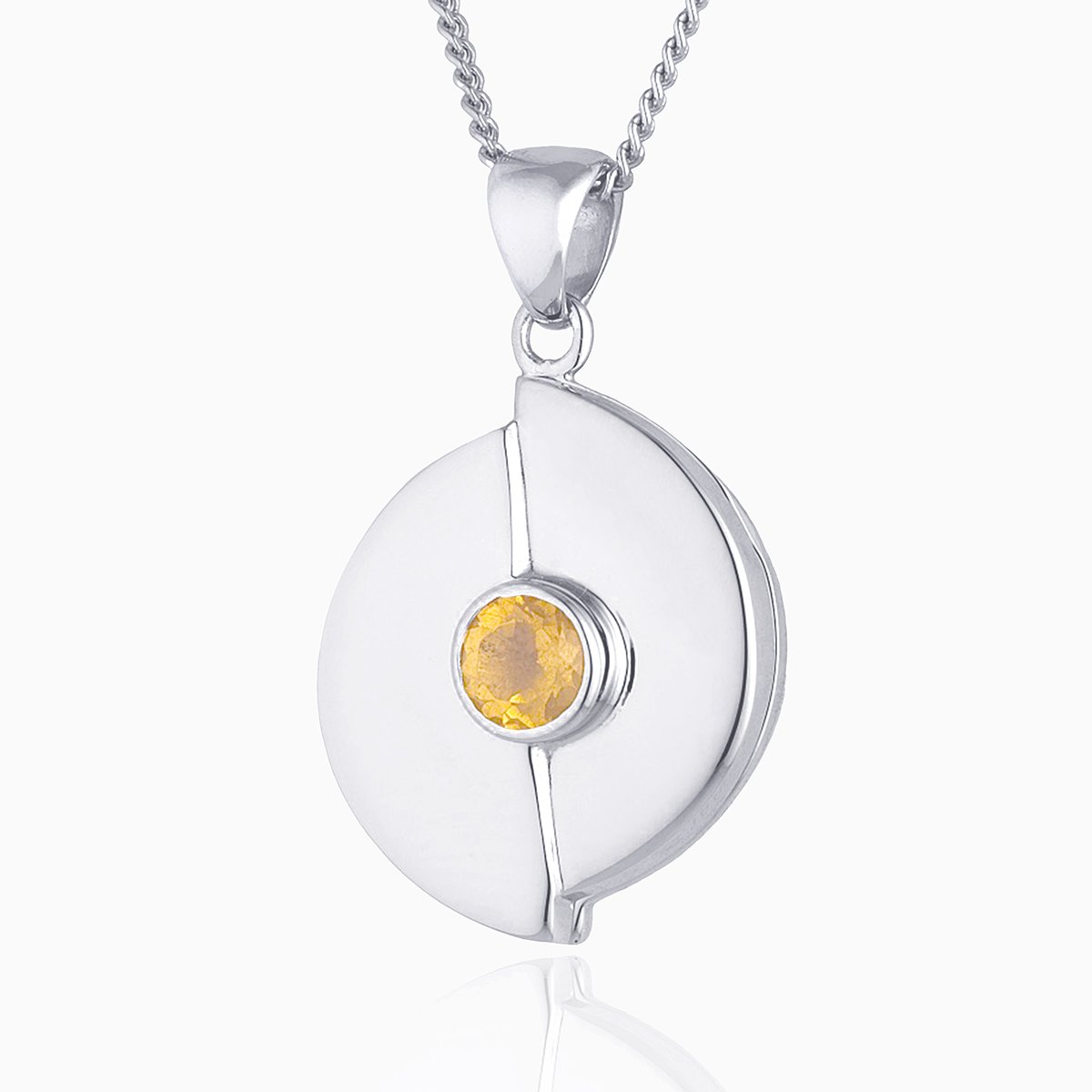 Circular 9 ct white gold locket set with a yellow citrine on a 9 ct white gold curb chain