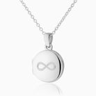 round small silver locket on a sterling silver belcher chain, engraved with an infinity sign on the front