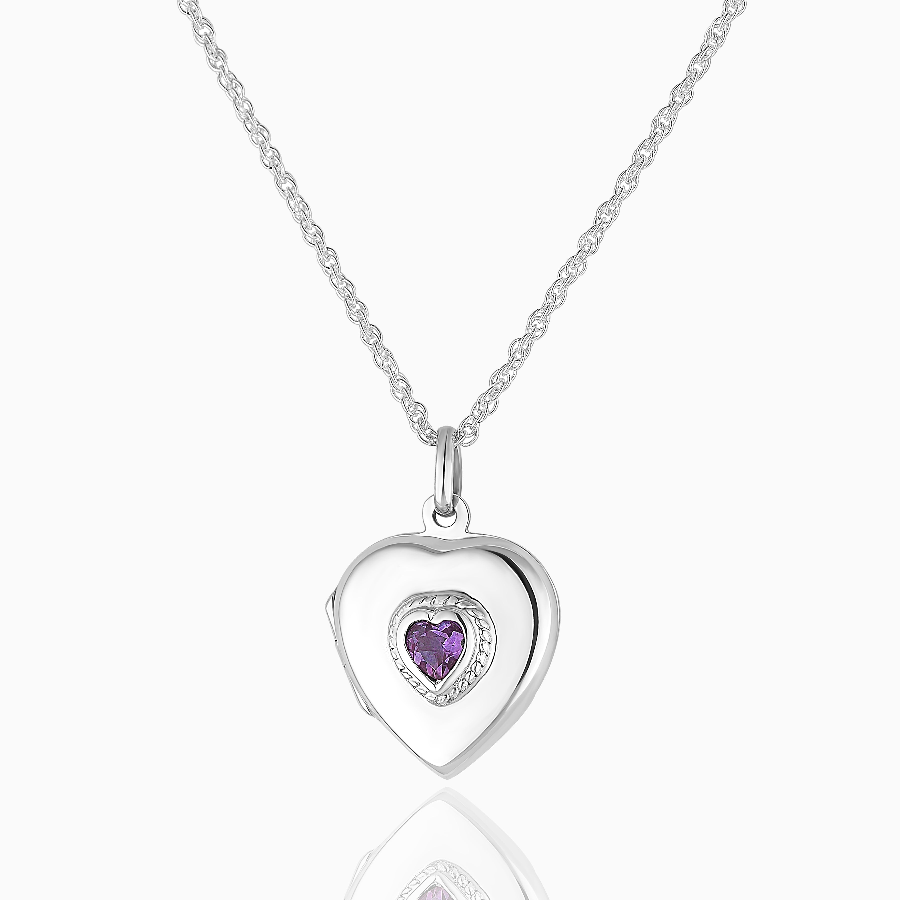 sterling silver heart shaped locket set with a purple amethyst, on a sterling silver rope chain