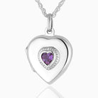 sterling silver heart shaped locket set with a purple amethyst, on a sterling silver rope chain