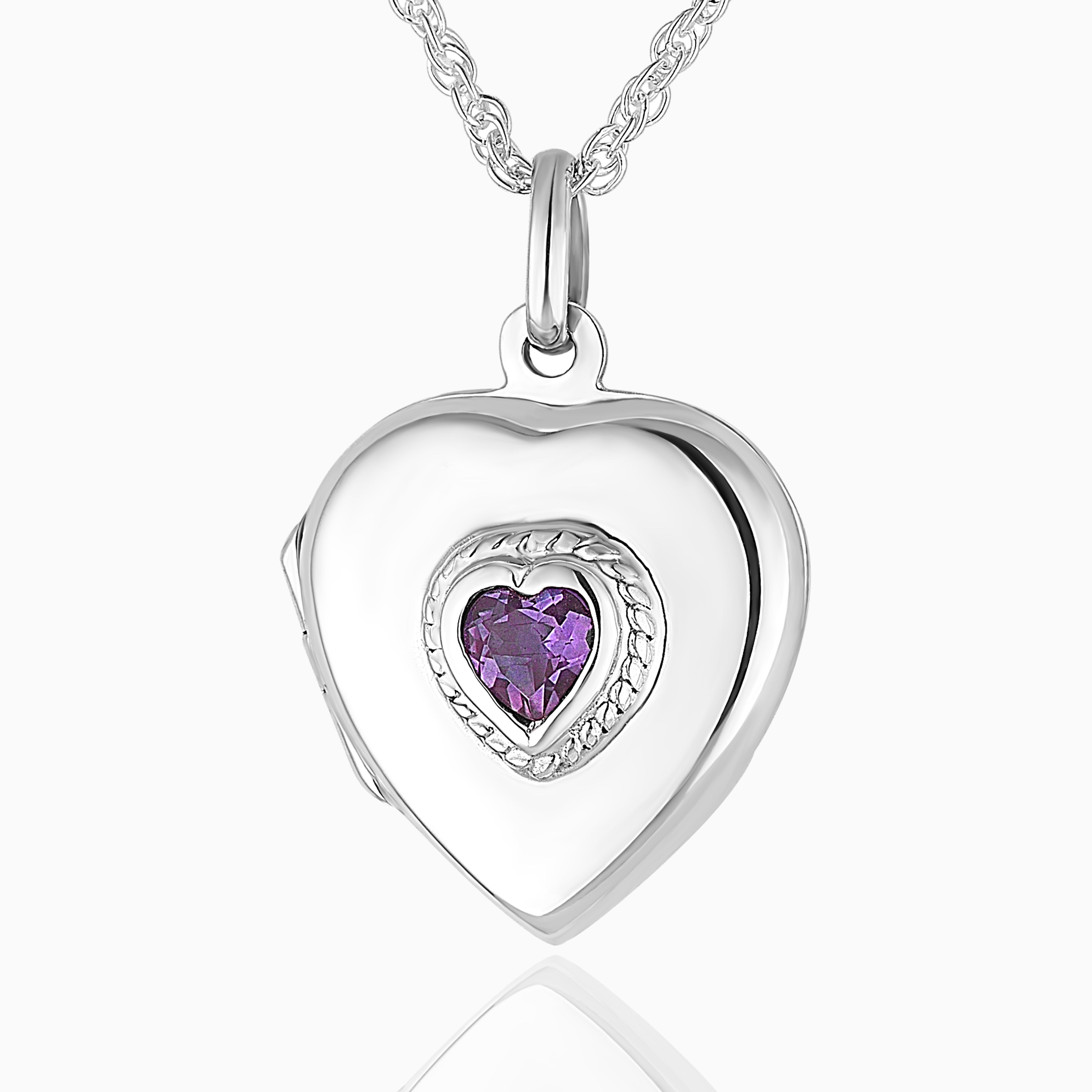 sterling silver heart shaped locket set with a purple amethyst, on a sterling silver rope chain