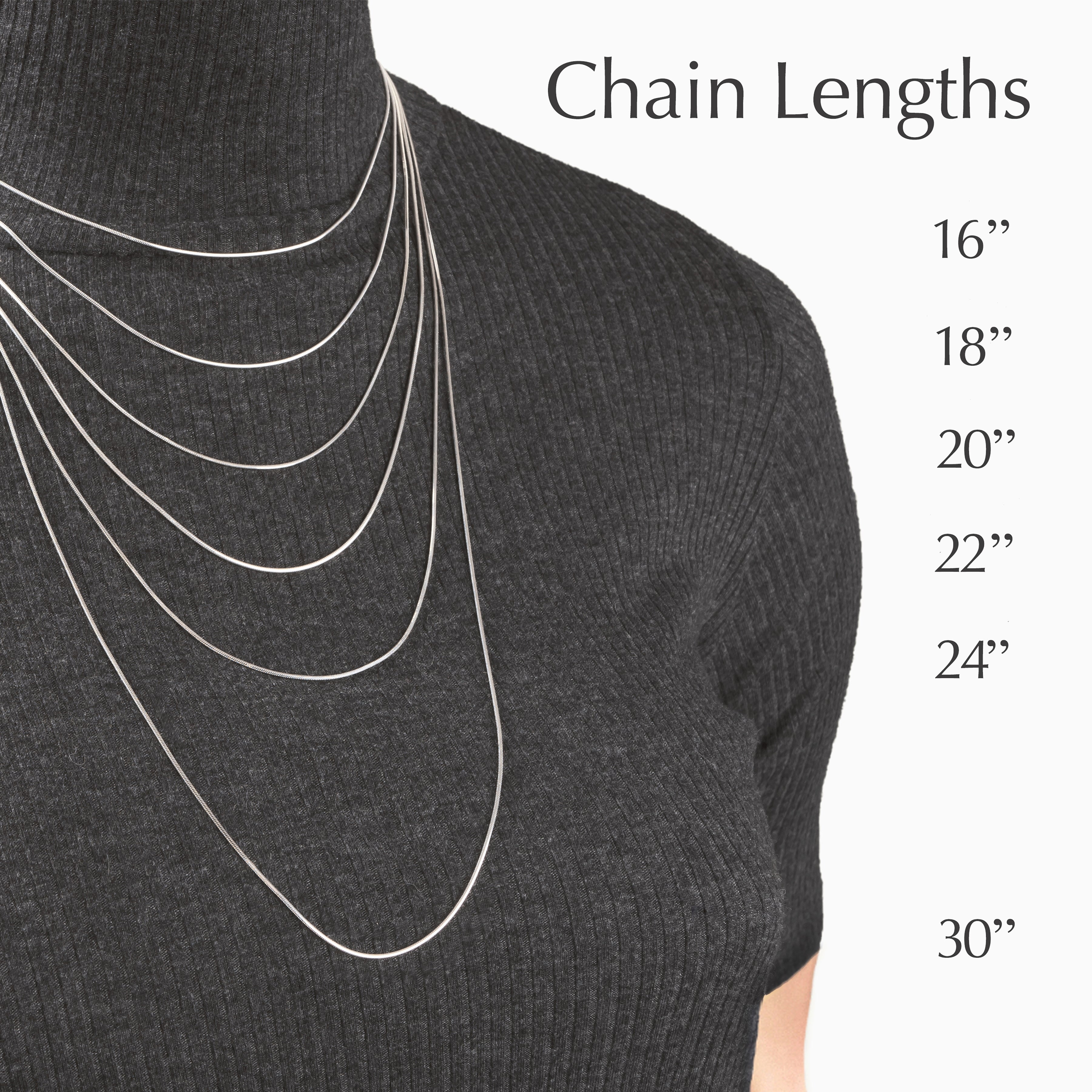 Model wearing sterling silver box chains in 16”, 18”, 20” 22”, 24” and 30” lengths.