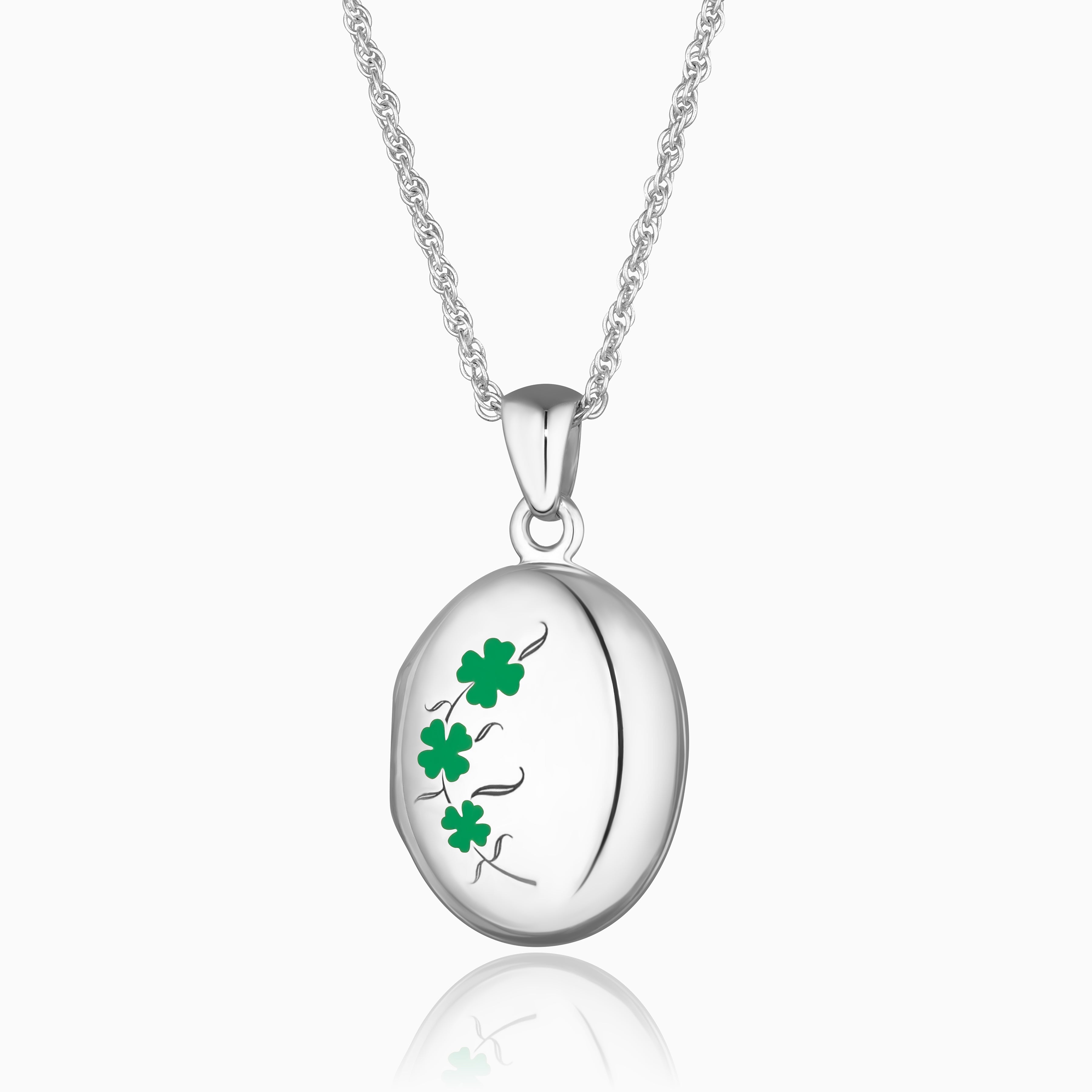 sterling silver oval locket with a green enamelled clover leaf design, on a sterling silver rope chain