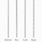 Four sterling silver chains hanging vertically, a belcher chain, a box chain, a curb chain and a rope chain.