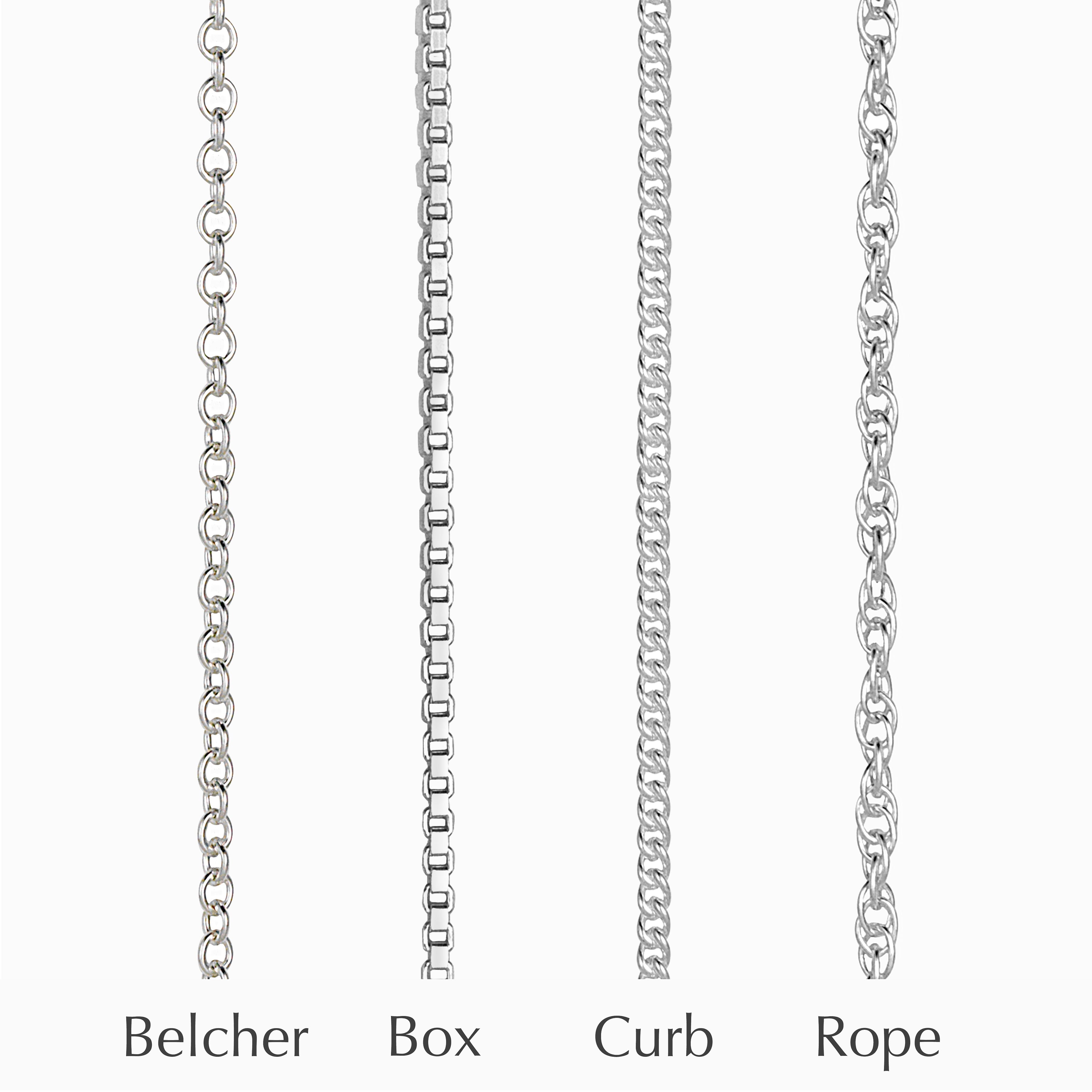 Four sterling silver chains hanging vertically, a belcher chain, a box chain, a curb chain and a rope chain.