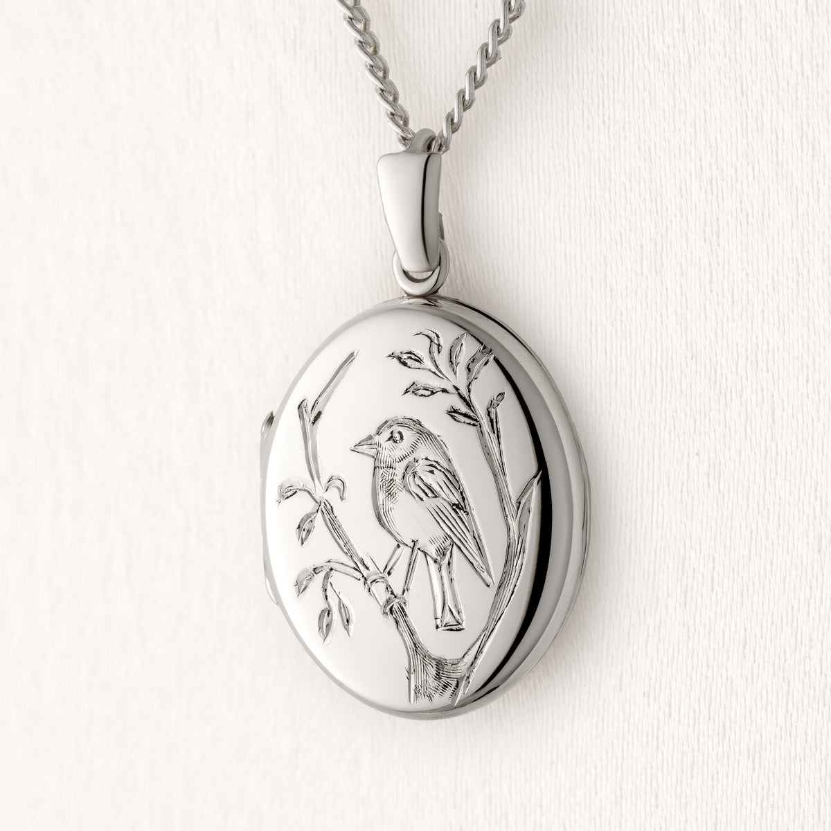 Hand Engraved Robin Silver Oval Locket