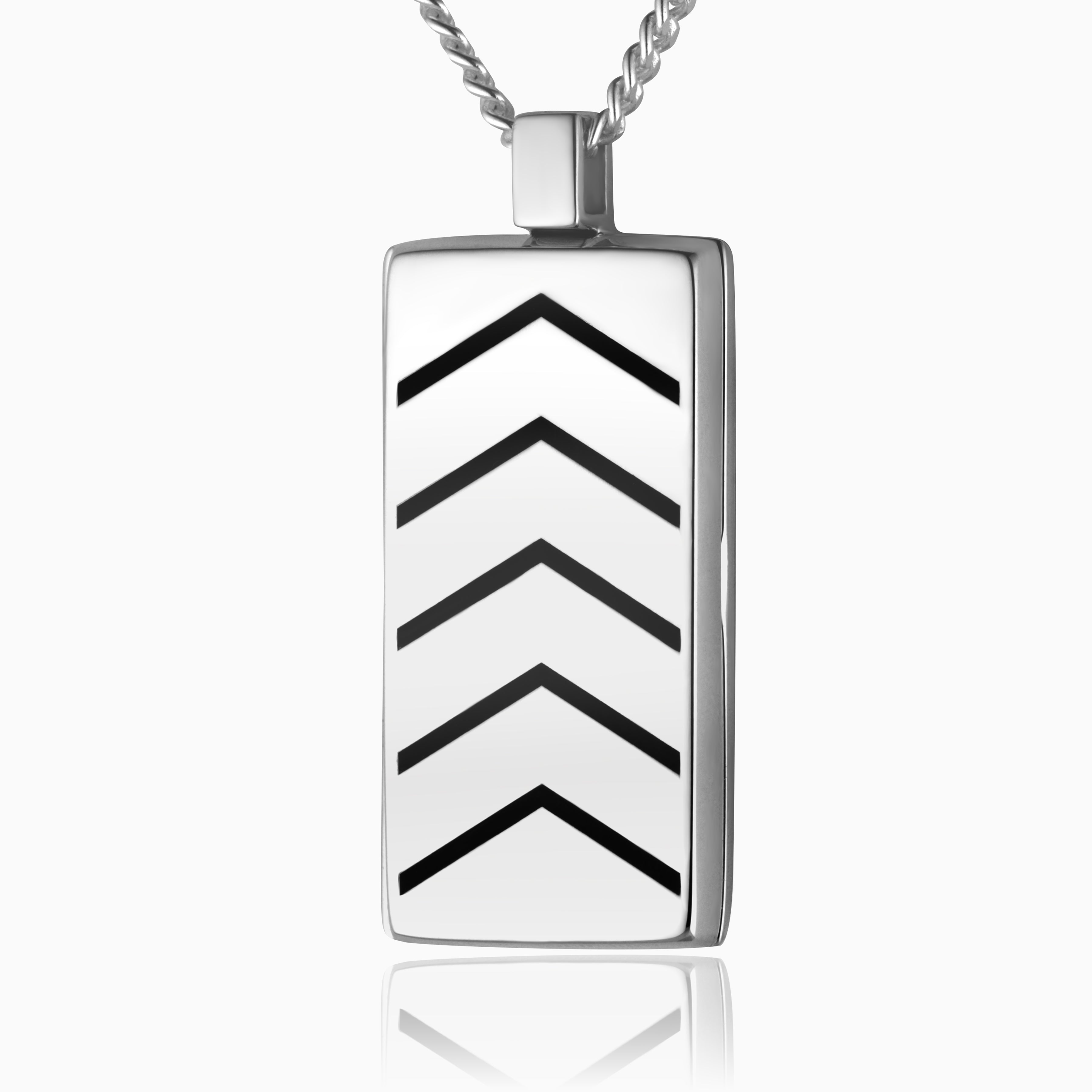 sterling silver mens rectangular locket with black enamel chevron lines, on a sterling silver curb chain