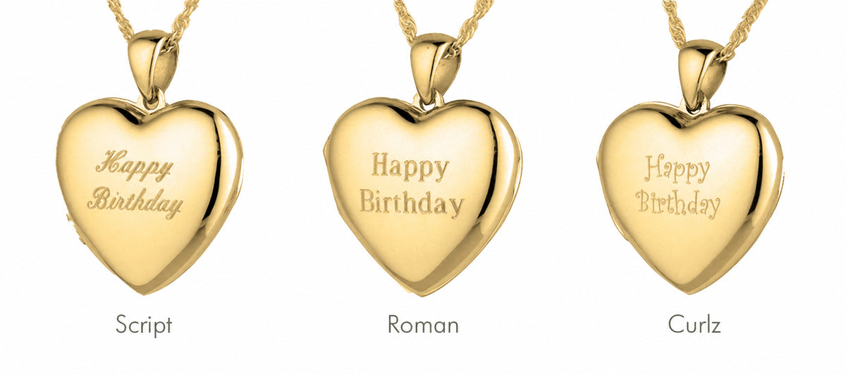 Three gold heart lockets comparing Script, Roman and Curlz engraving fonts