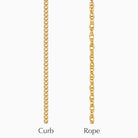Two 9 ct gold chains hanging vertically, a curb chain and a rope chain.