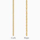 Two 9 ct gold chains hanging vertically, a curb chain and a rope chain.