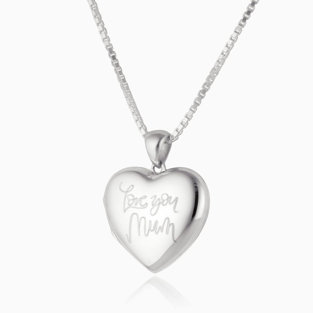 sterling silver heart locket engraved with the words Love you Mum in a contemporary font, on a sterling silver box chain