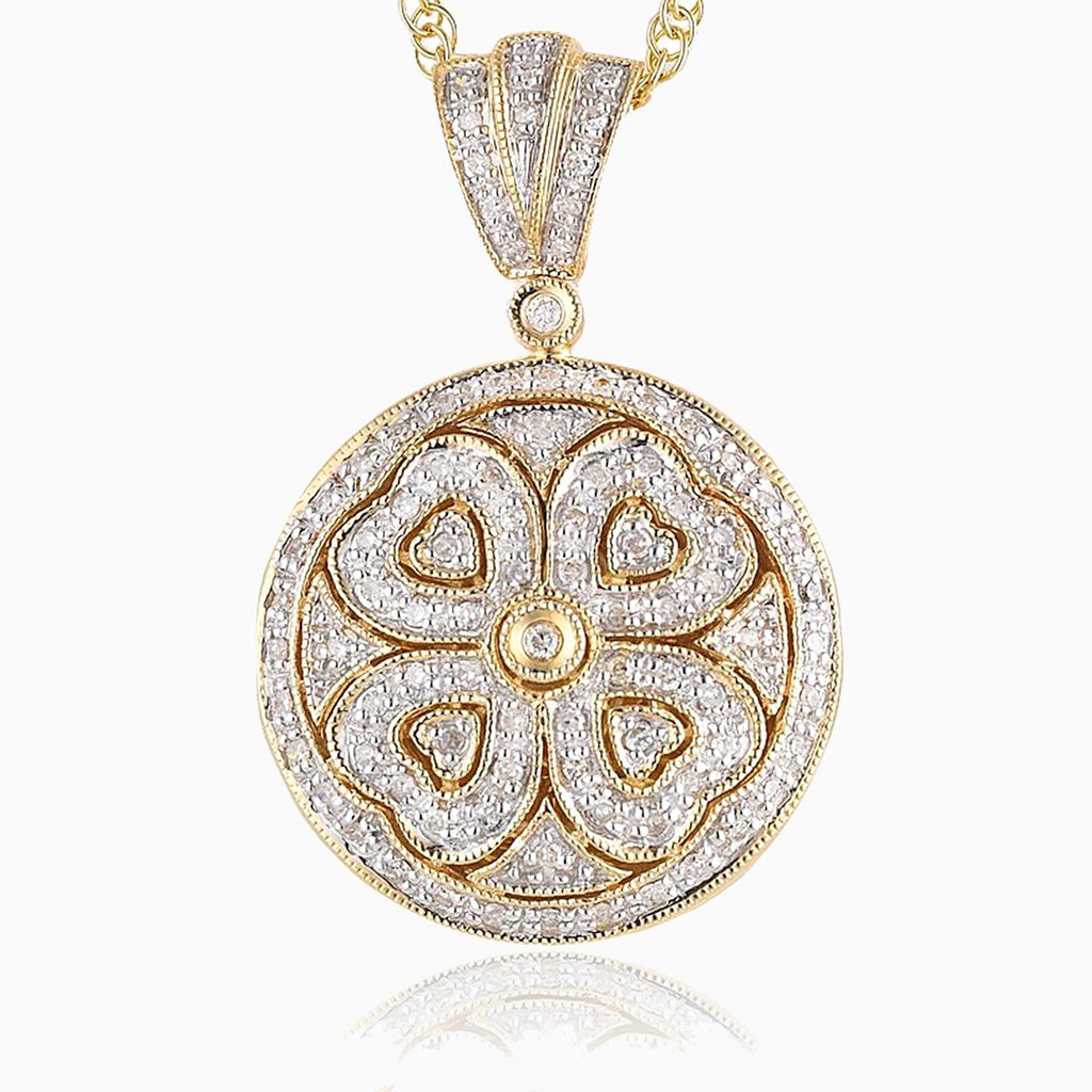 9 ct gold round locket set with 56 diamonds on a 9 ct gold rope chain