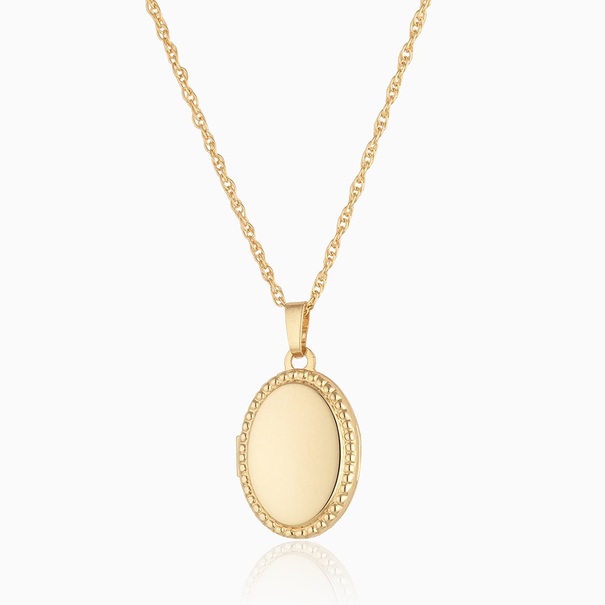 9 ct gold oval locket wiht a beaded border on a 9 ct gold rope chain