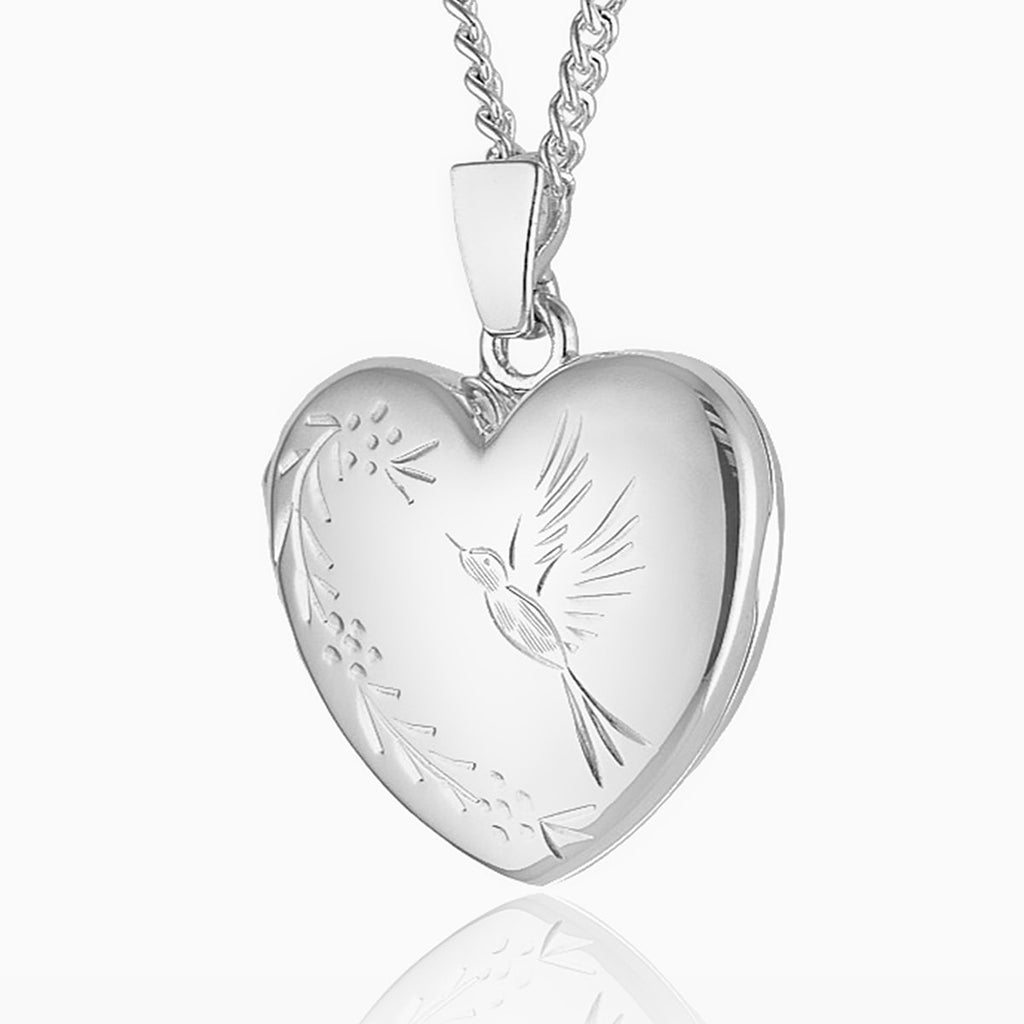925 sterling silver heart locket with engraved bird design
