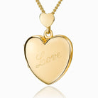 9 ct gold heart locket with a heart shaped bail and the word Love engraved diagonally across the front in a calligraphy scriot, on a 9 ct gold curb chain