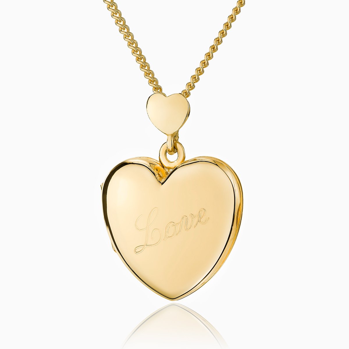 9 ct gold heart locket with a heart shaped bail and the word Love engraved diagonally across the front in a calligraphy scriot, on a 9 ct gold curb chain