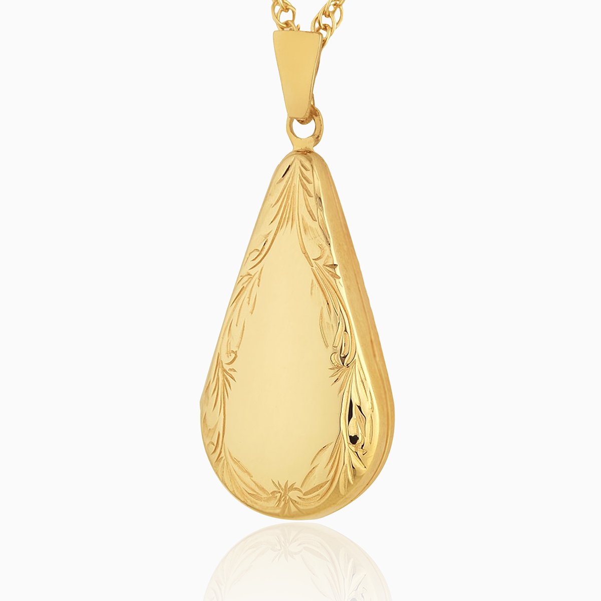 9 ct gold teardrop shaped locket with an engraved border on a 9 ct gold curb chain