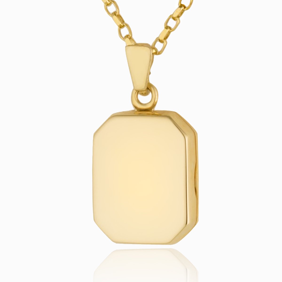 9 ct gold polished tabular shaped locket on a 9 ct gold belcher chain