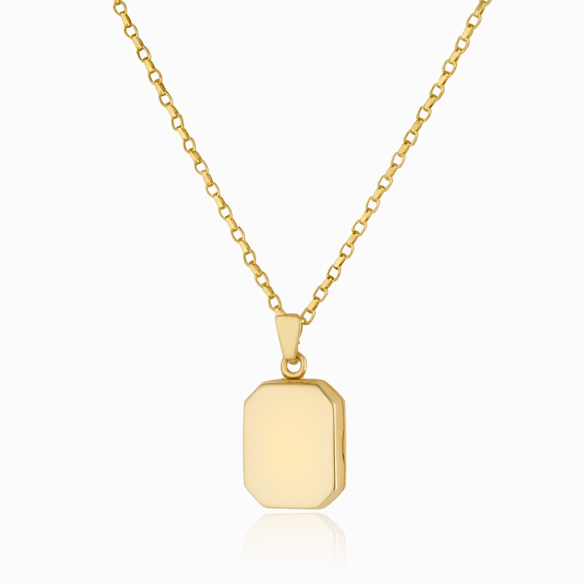 9 ct gold polished tabular shaped locket on a 9 ct gold belcher chain