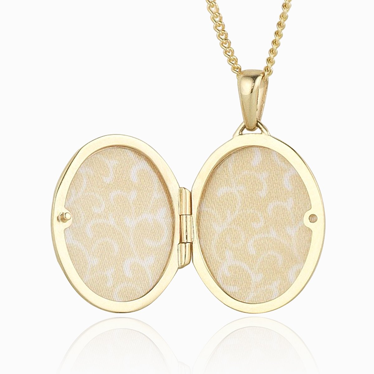 An open 9 ct gold oval locket on a 9 ct gold curb chain