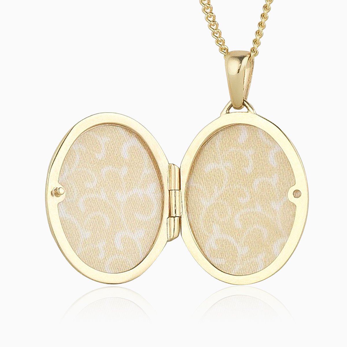 An open 9 ct gold polished oval locket on a 9 ct gold curb chain