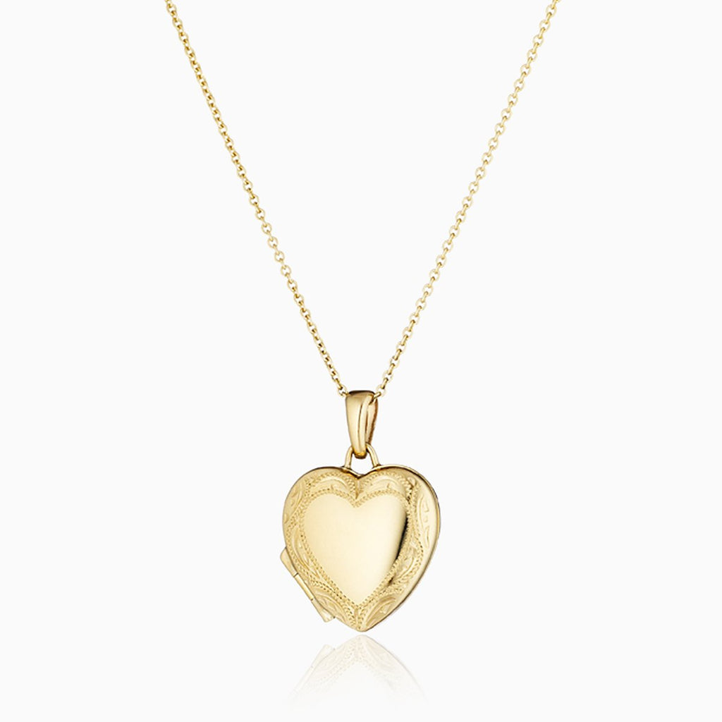 9 ct gold heart locket with engraved border on a 9 ct gold chain