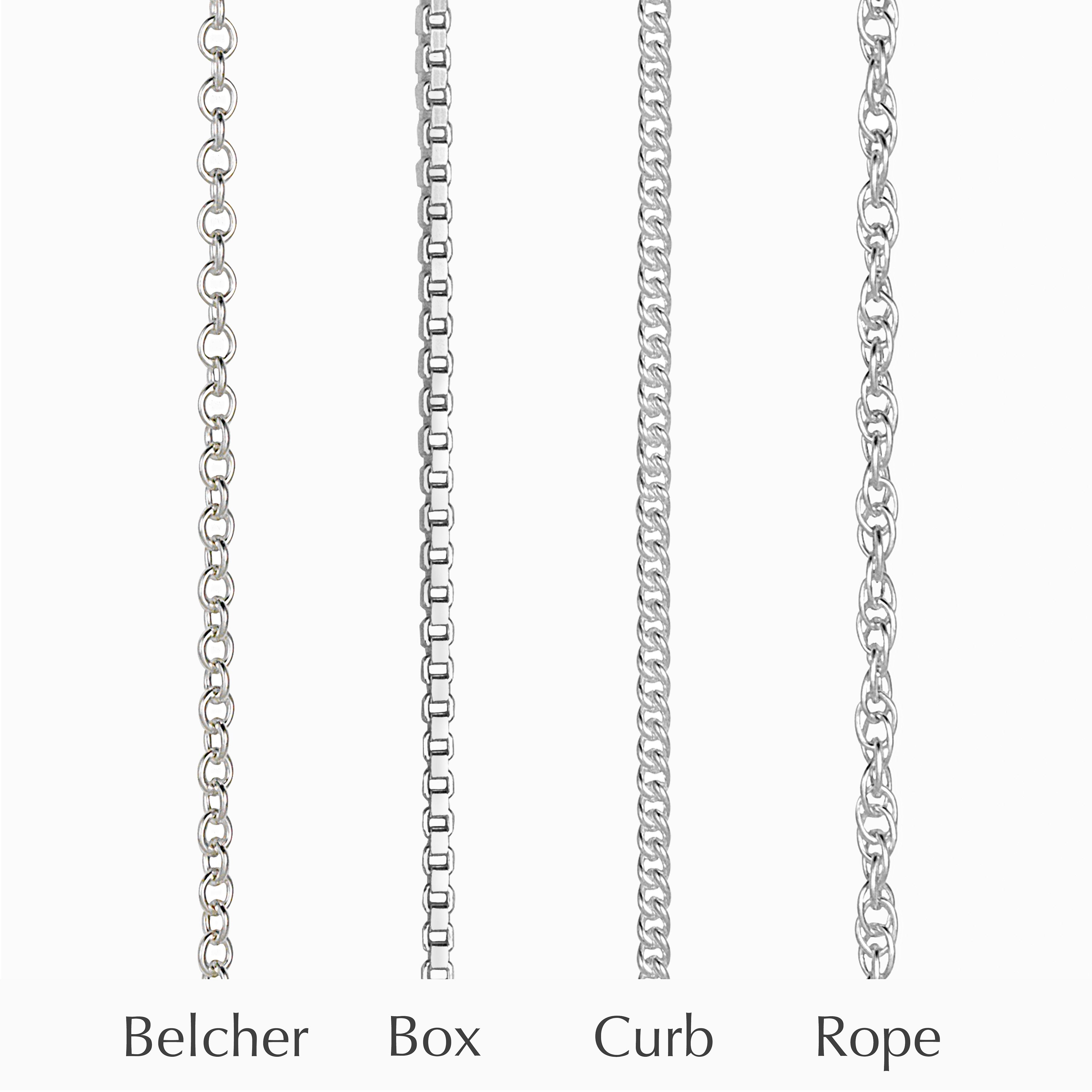 Four sterling silver chains hanging vertically, a belcher chain, a box chain, a curb chain and a rope chain.