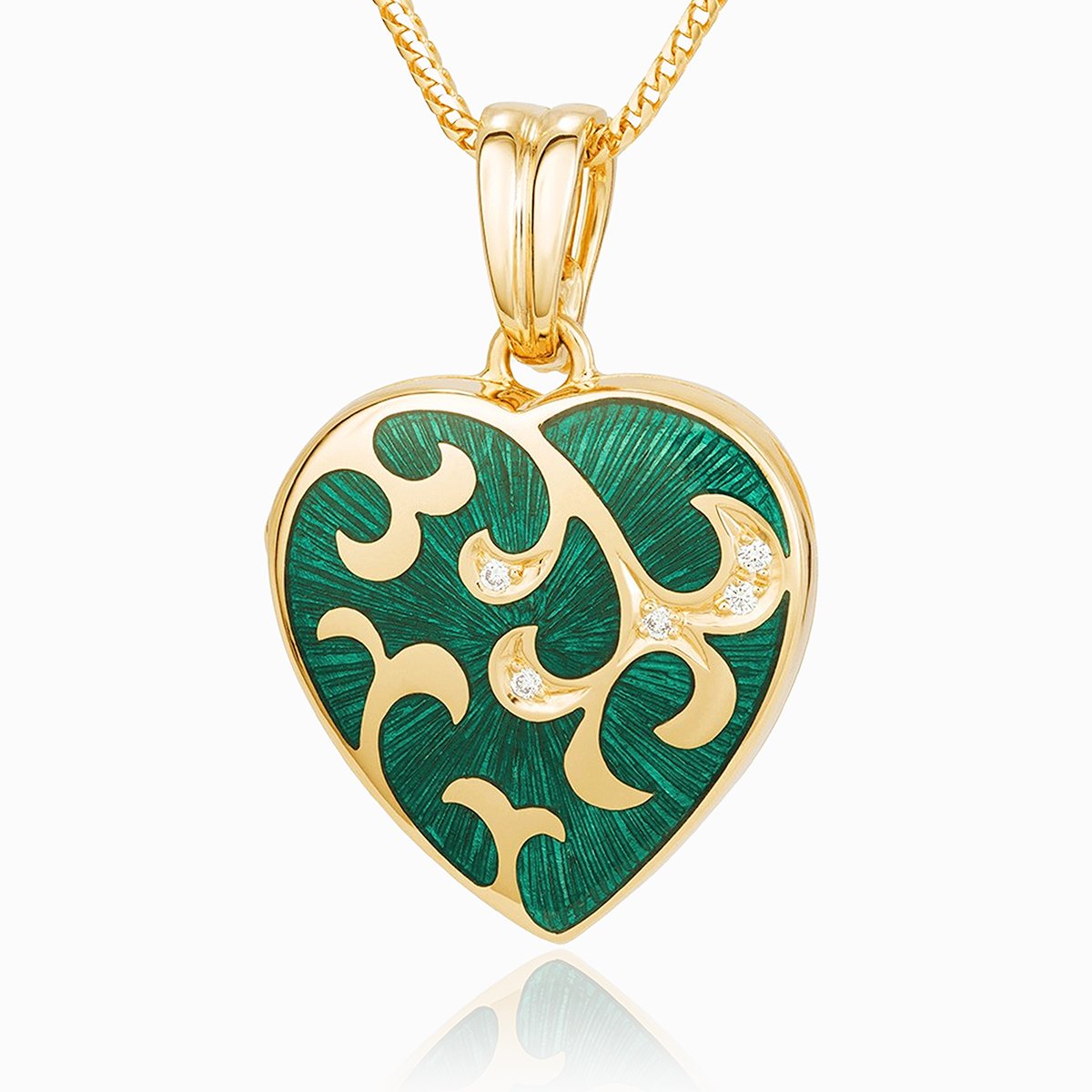 18 ct gold heart locket set with green guilloche enamel and diamonds in a floral design on an 18 ct gold franco chain