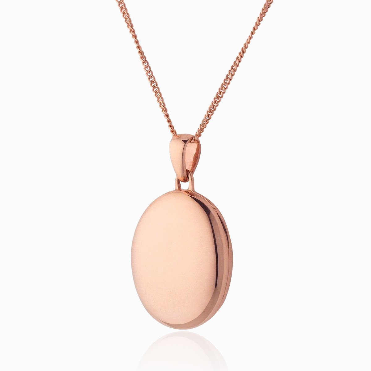 Front shot of a 9 ct rose gold oval locket on a 9 ct rose gold curb chain.