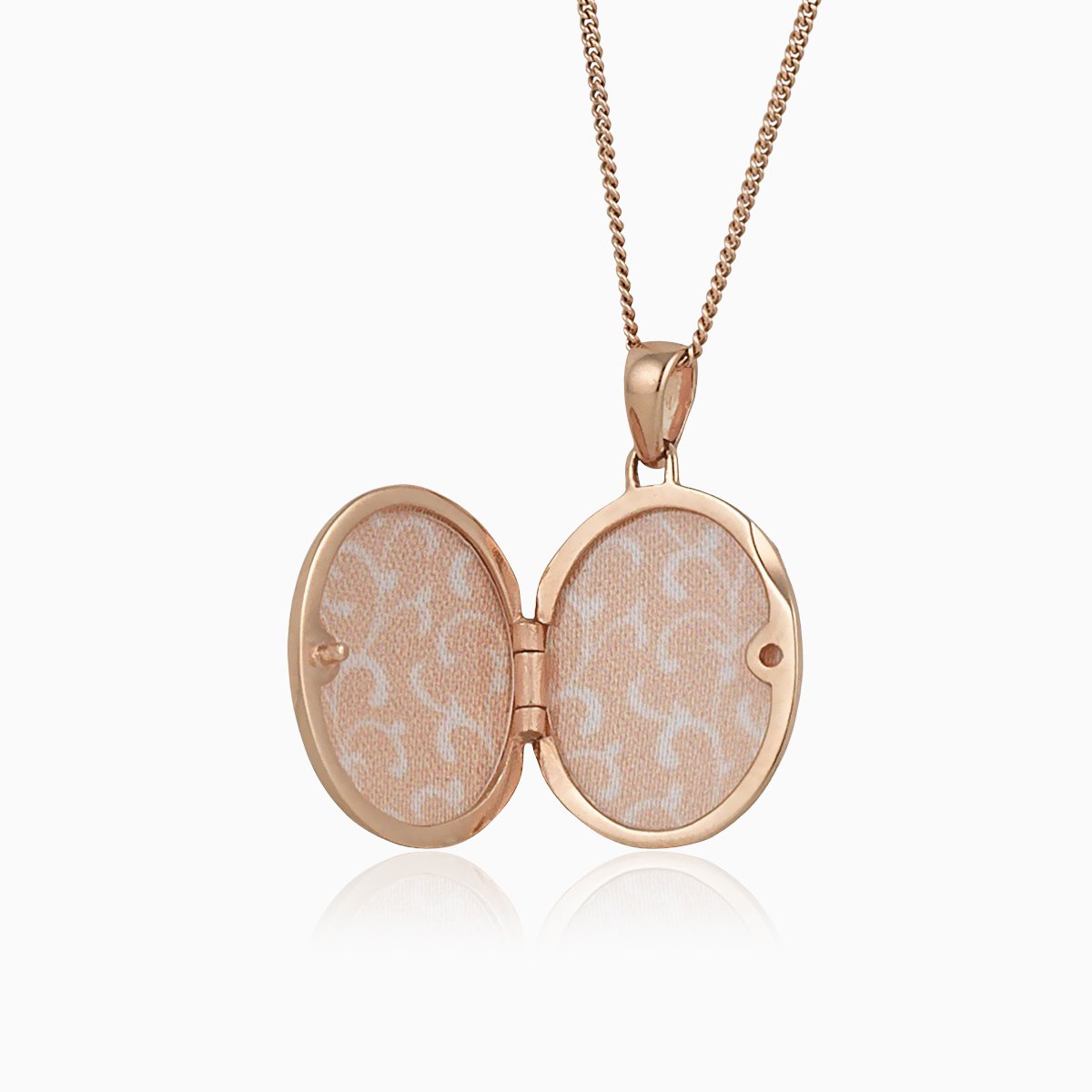 Open view of a 9 ct rose gold oval locket with a 9 ct rose gold rope chain.