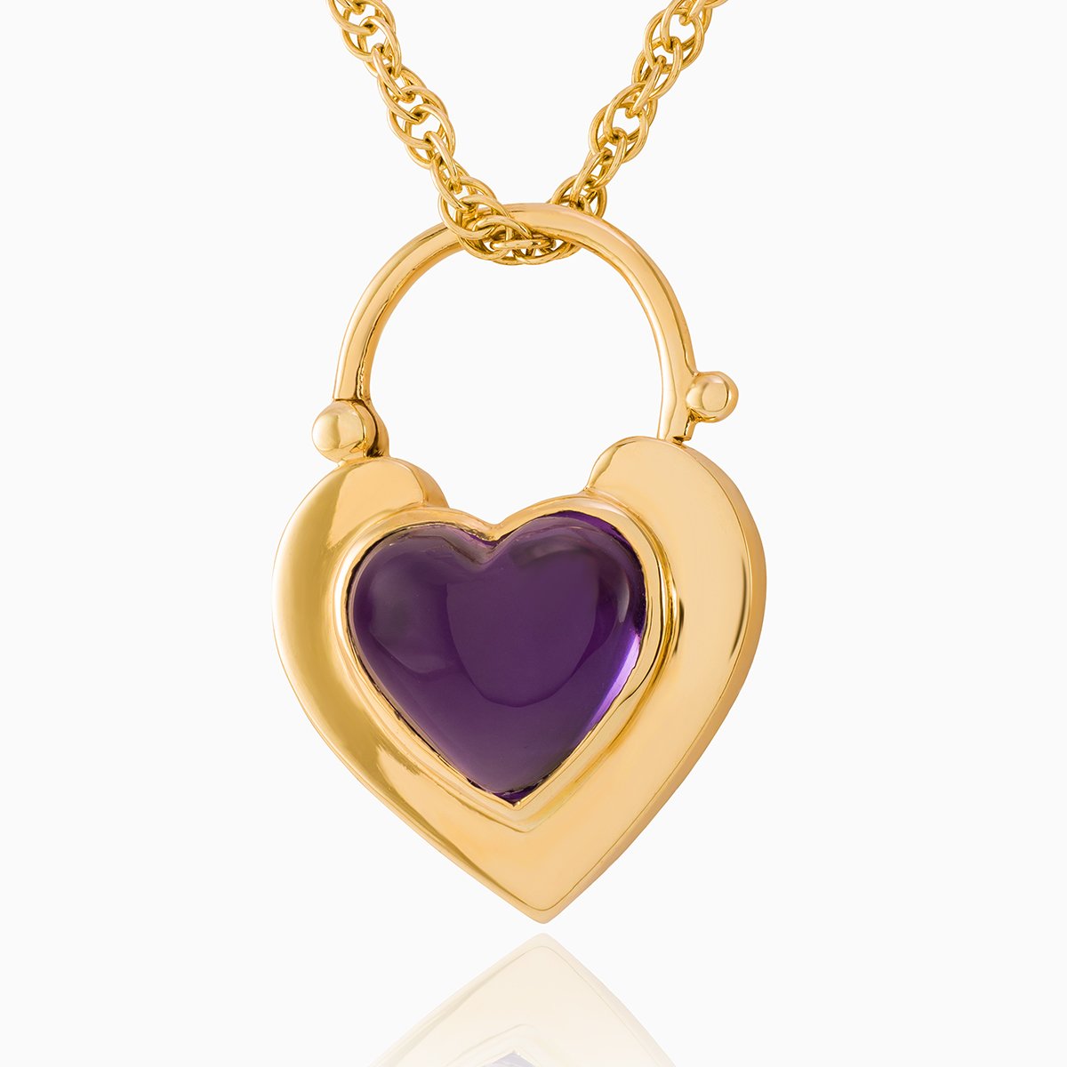 9 ct gold padlock shaped locket set with a purple cabochon amethyst stone, on a 9 ct gold rope chain