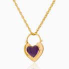 9 ct gold padlock shaped locket set with a purple cabochon amethyst stone, on a 9 ct gold rope chain
