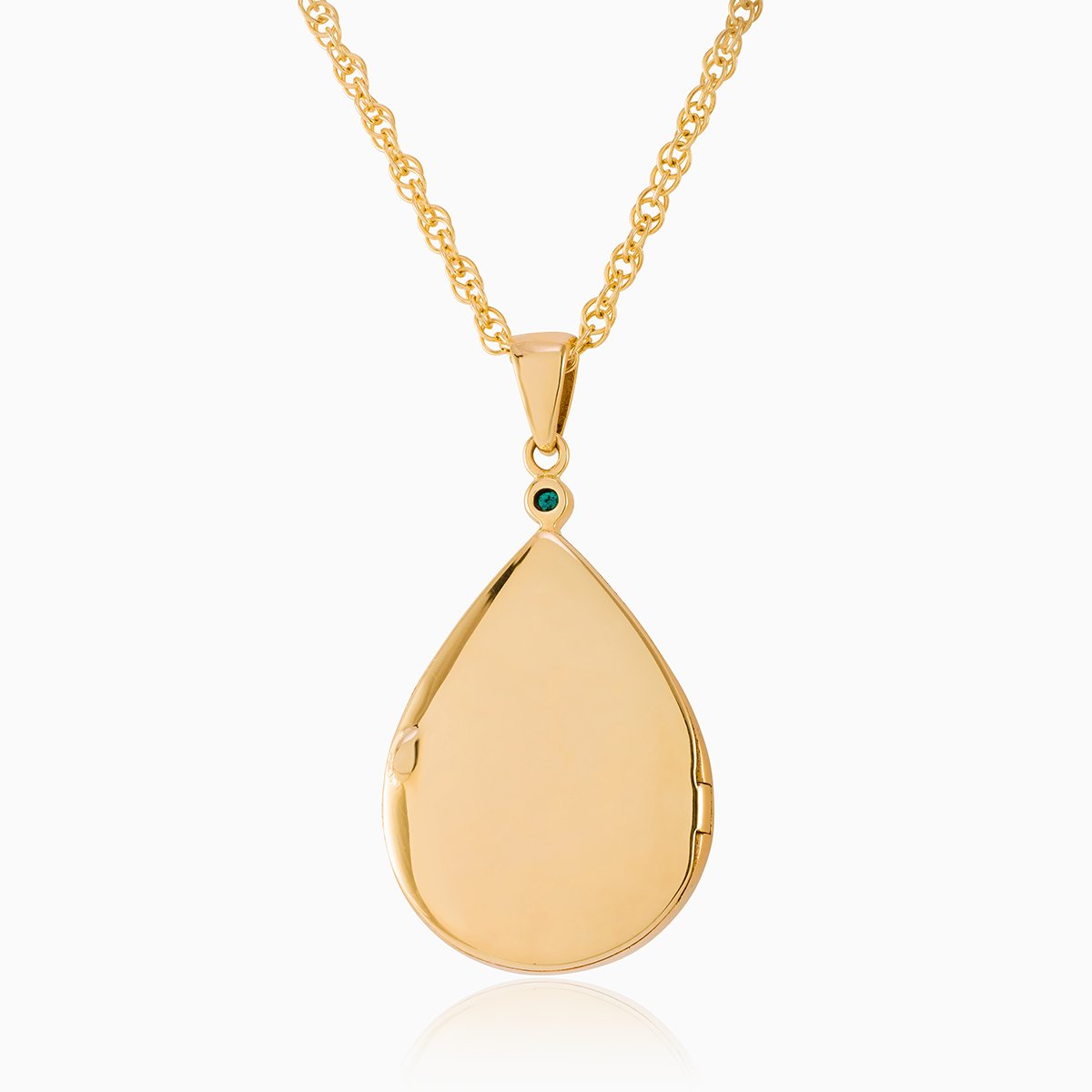 Back view of a 9ct gold teardrop shaped locket, on a 9 ct gold rope chain