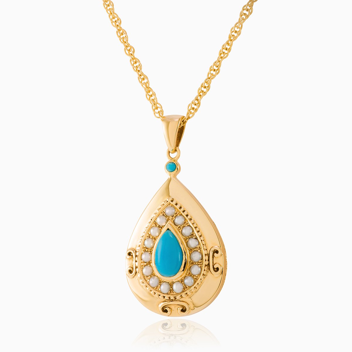 9 ct gold teardrop shaped locket set with a turquoise cabochon surrounded by seed pearls, on a 9 ct gold rope chain