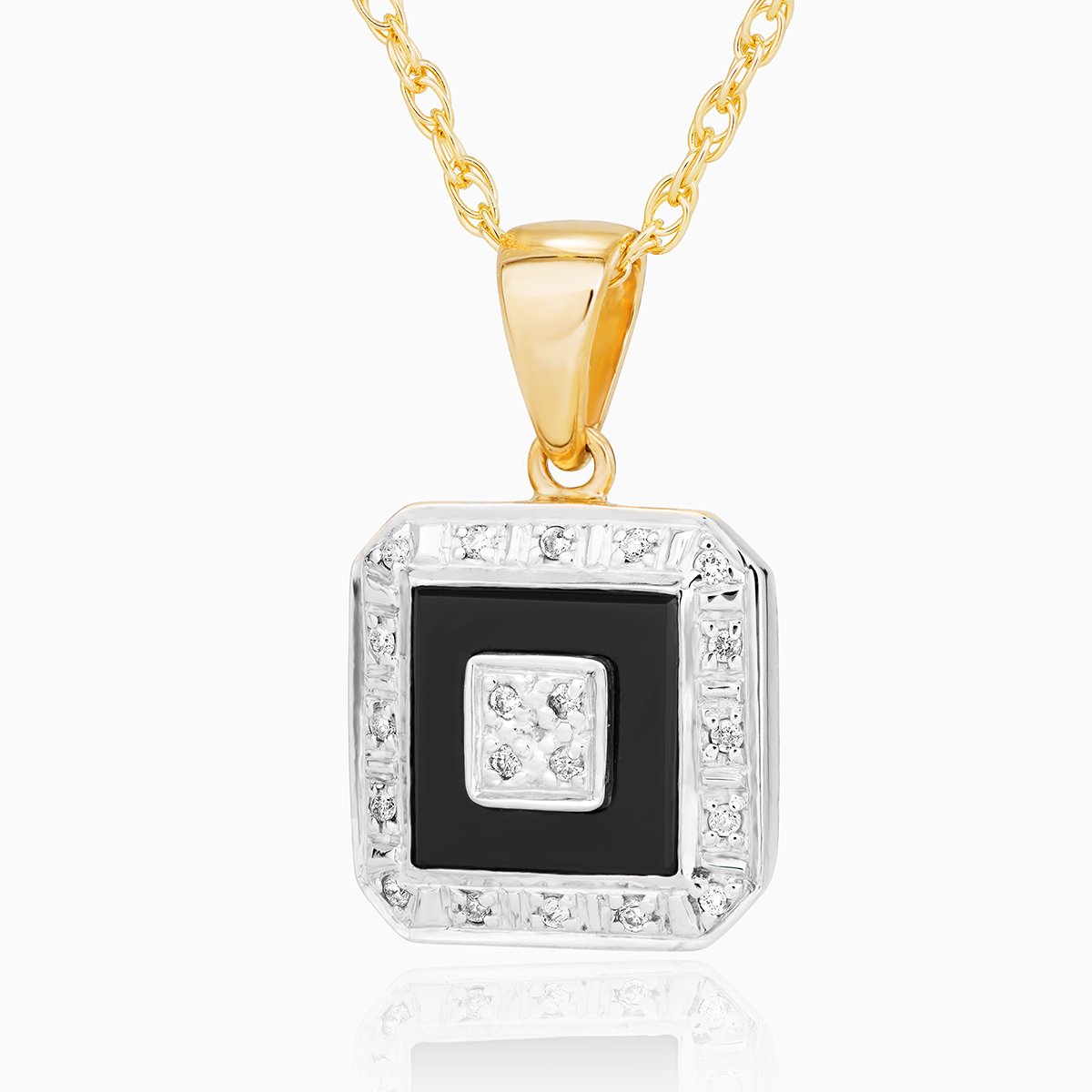 9 ct gold square locket set with diamonds and onyx on a 9 ct gold rope chain