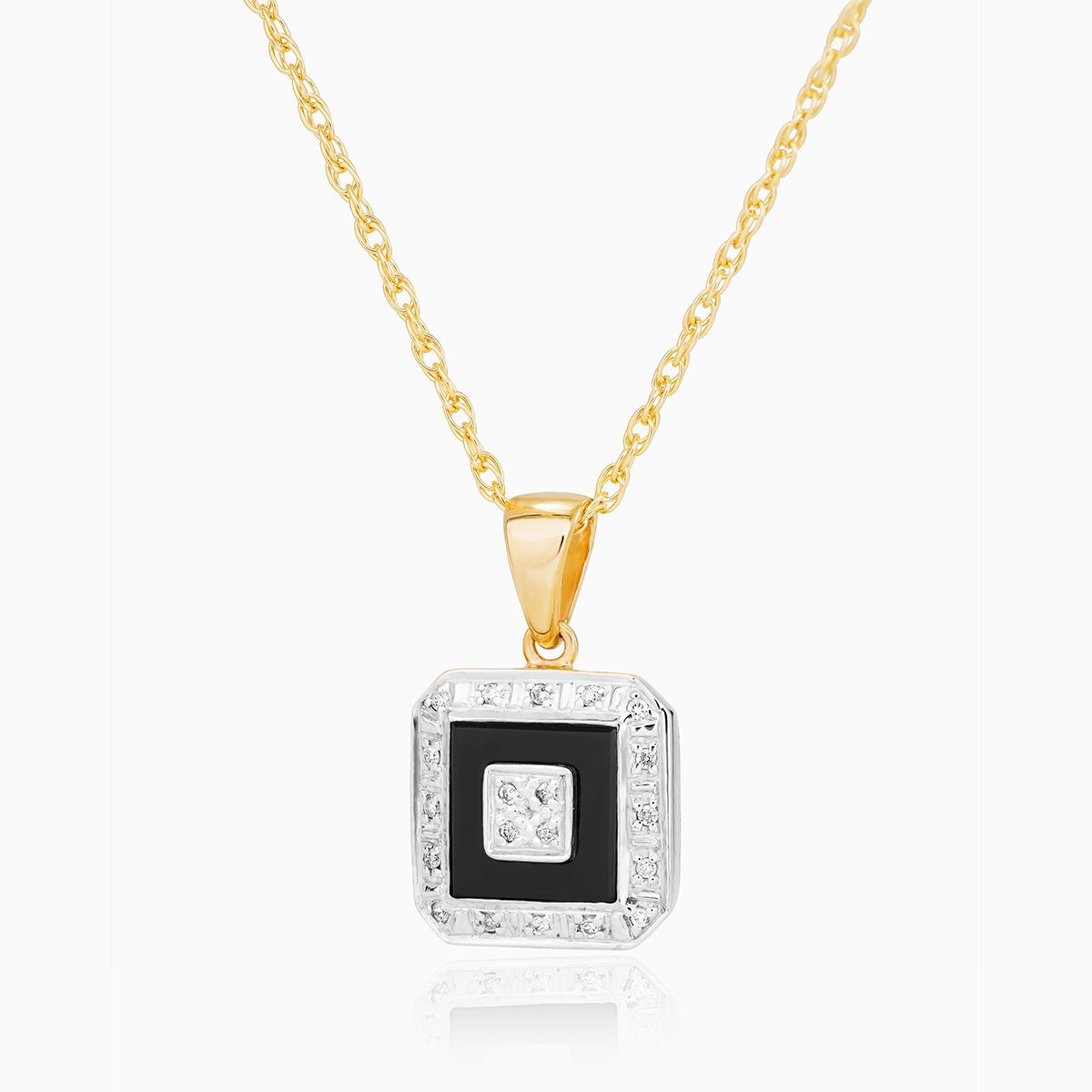 9 ct gold square locket set with diamonds and onyx on a 9 ct gold rope chain